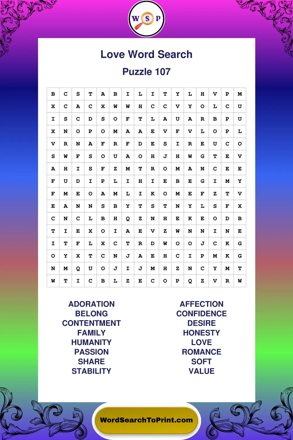 Love Word Search Puzzle 107
