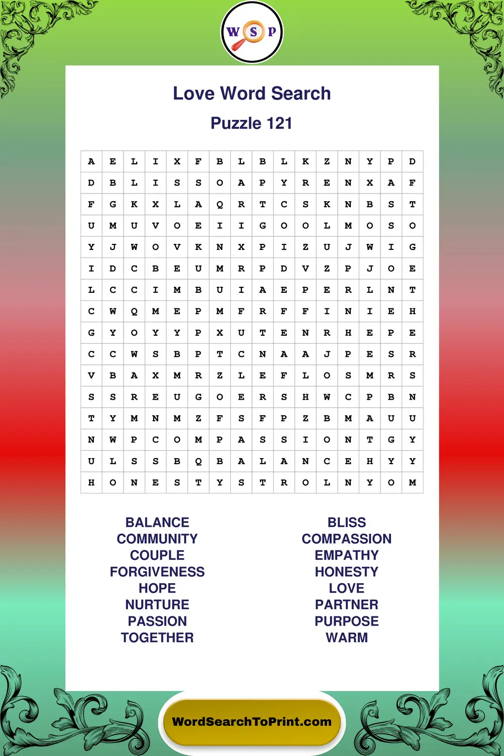 Love Word Search Puzzle 121