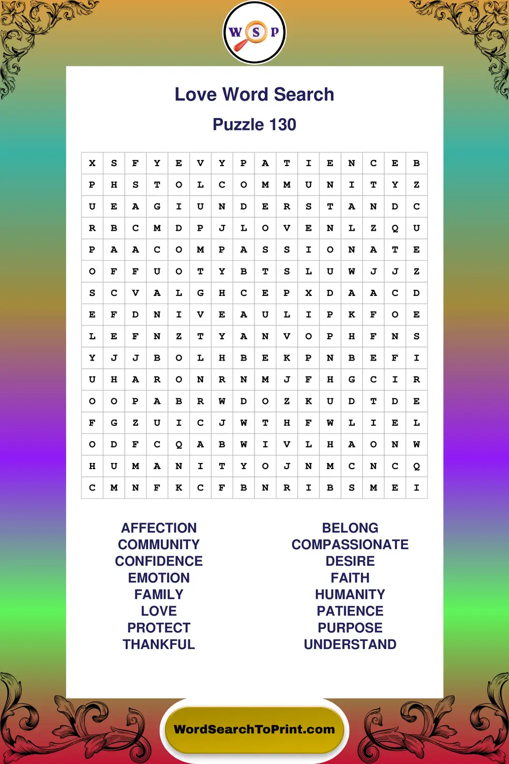 Love Word Search Puzzle 130