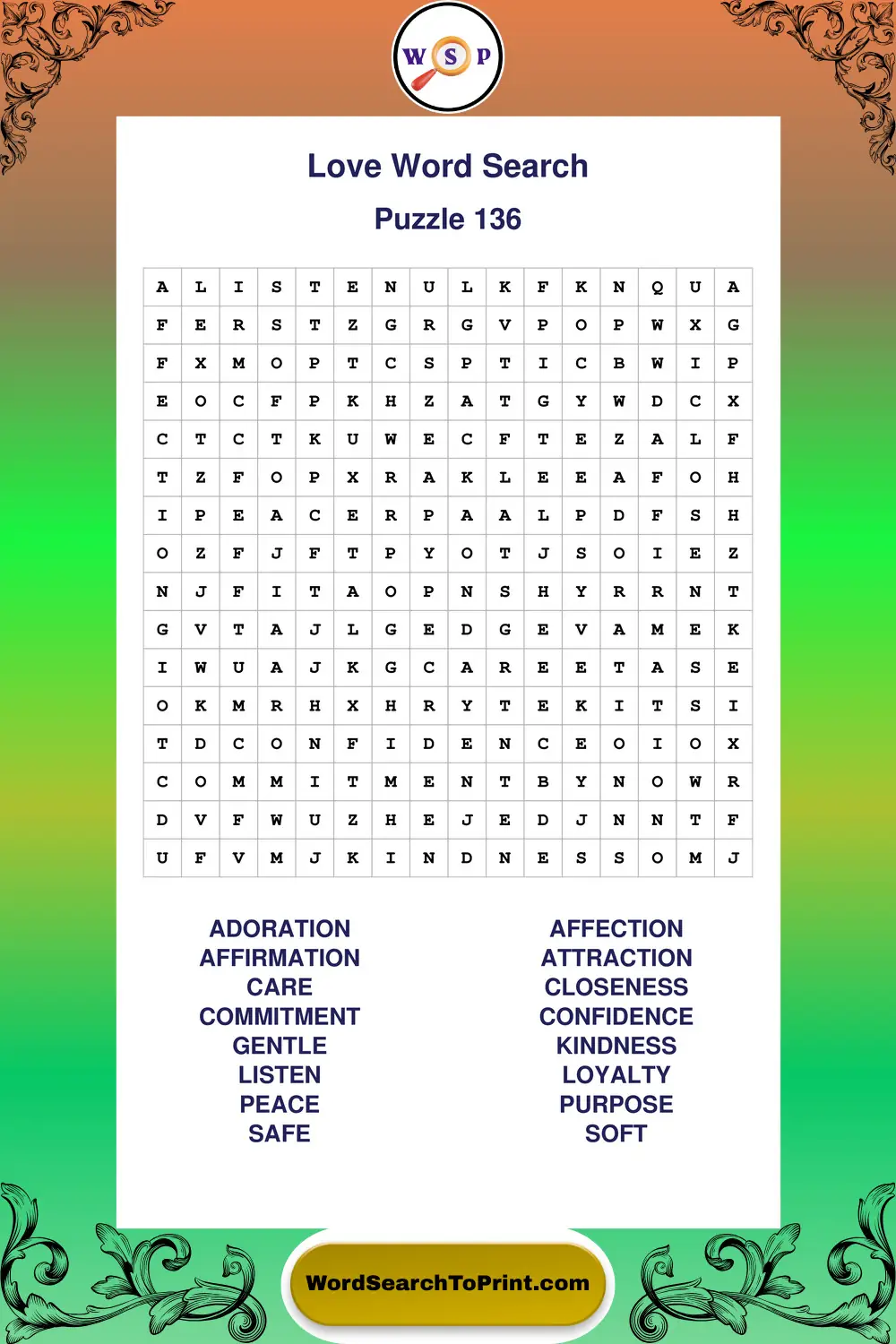 Love Word Search Puzzle 136