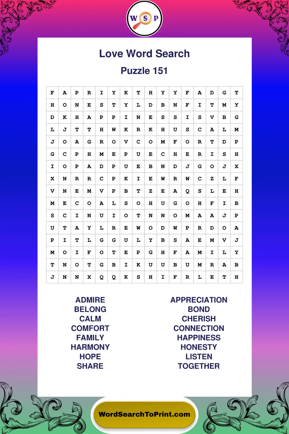 Love Word Search Puzzle 151