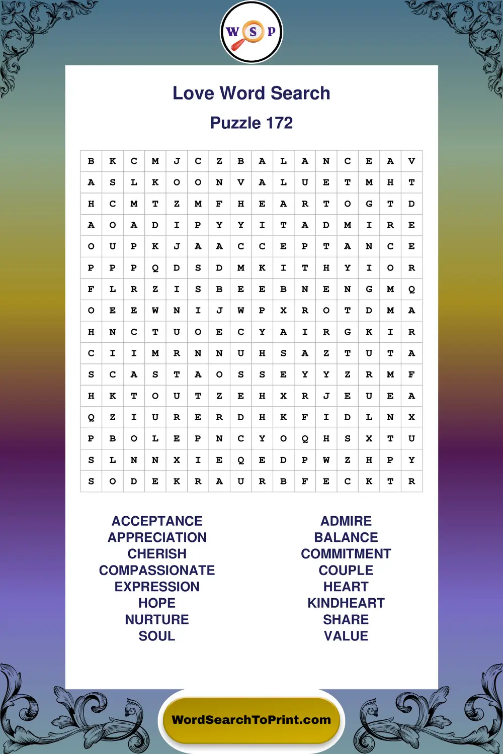 Love Word Search Puzzle 172