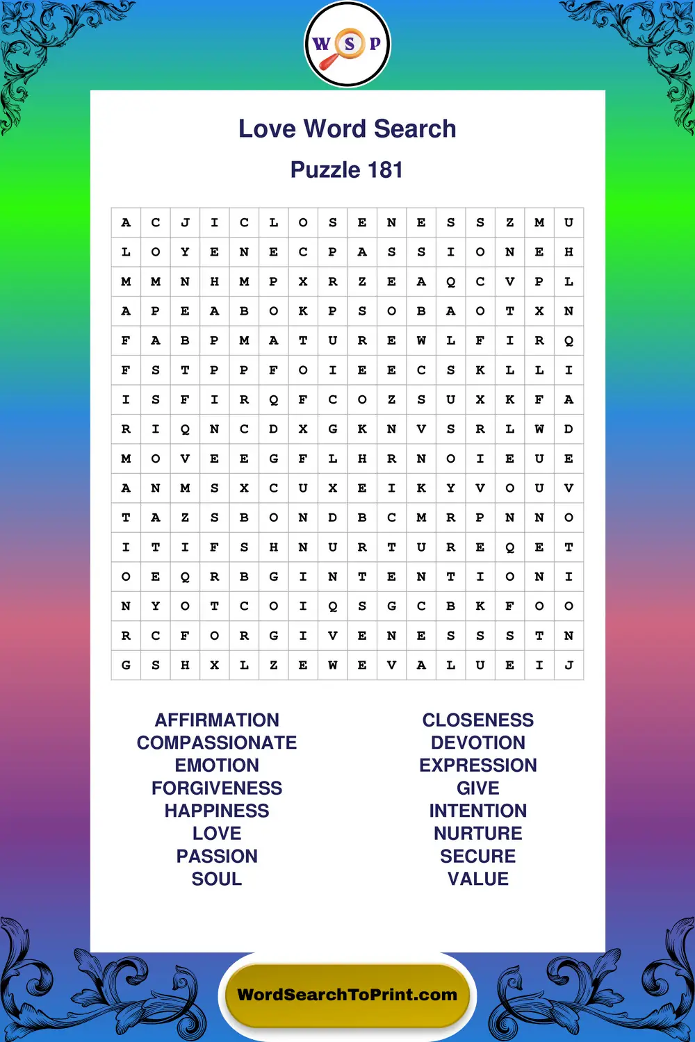 Love Word Search Puzzle 181