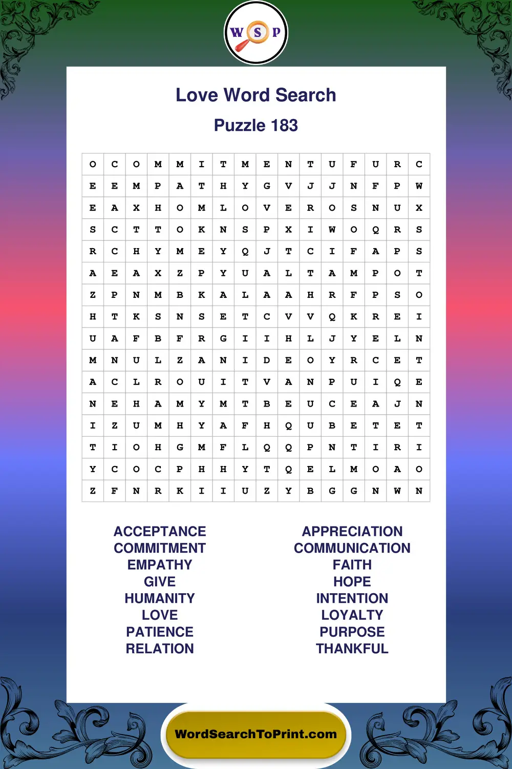 Love Word Search Puzzle 183