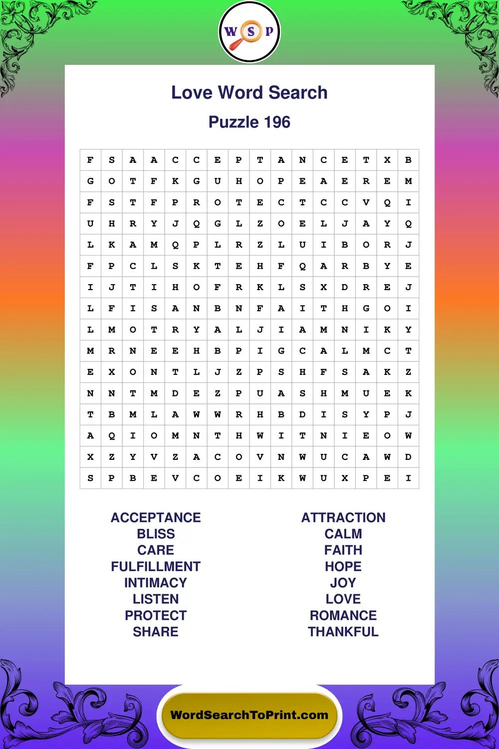 Love Word Search Puzzle 196