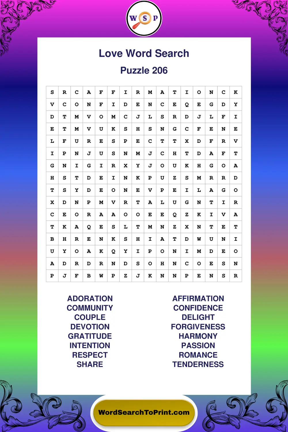 Love Word Search Puzzle 206