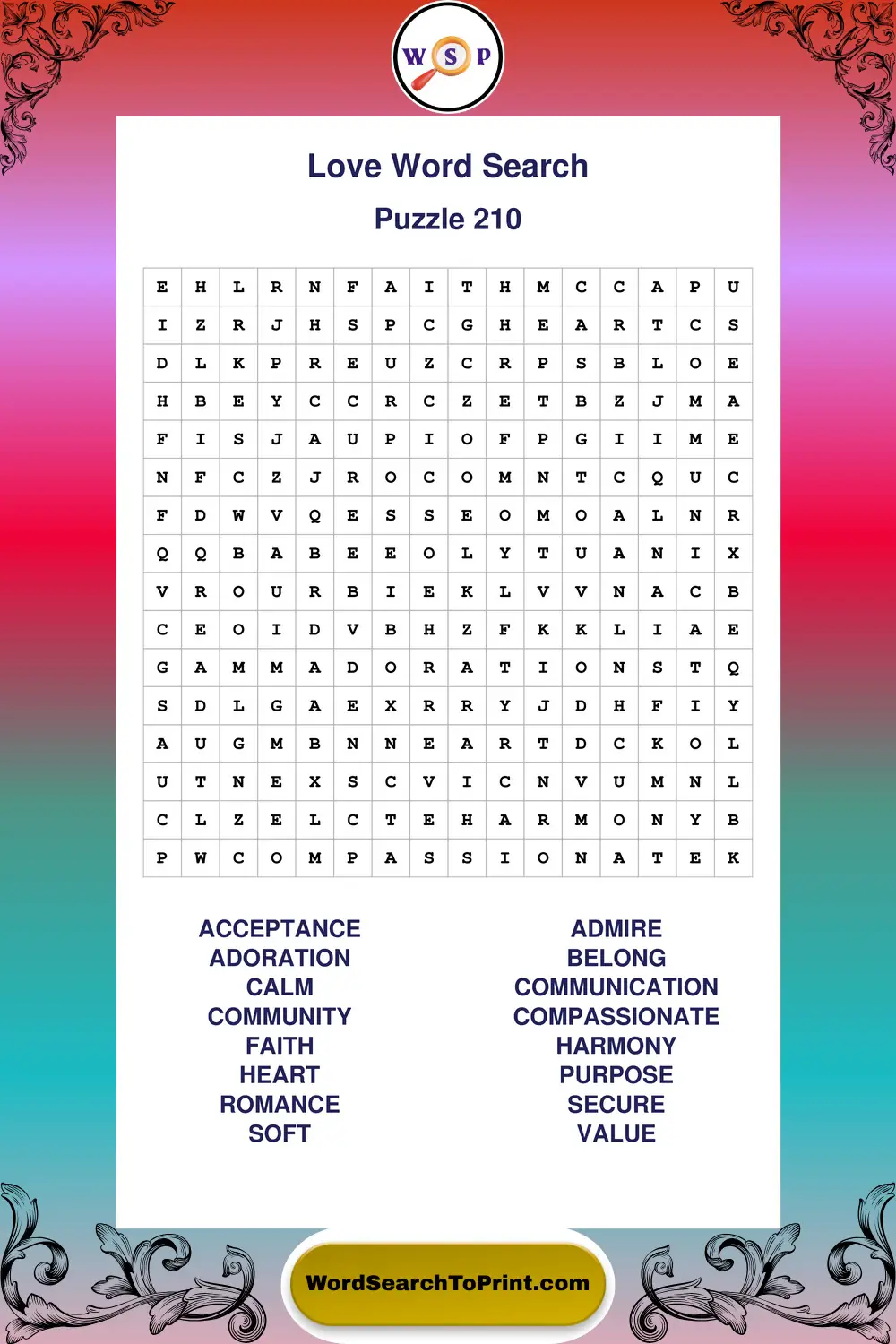 Love Word Search Puzzle 210