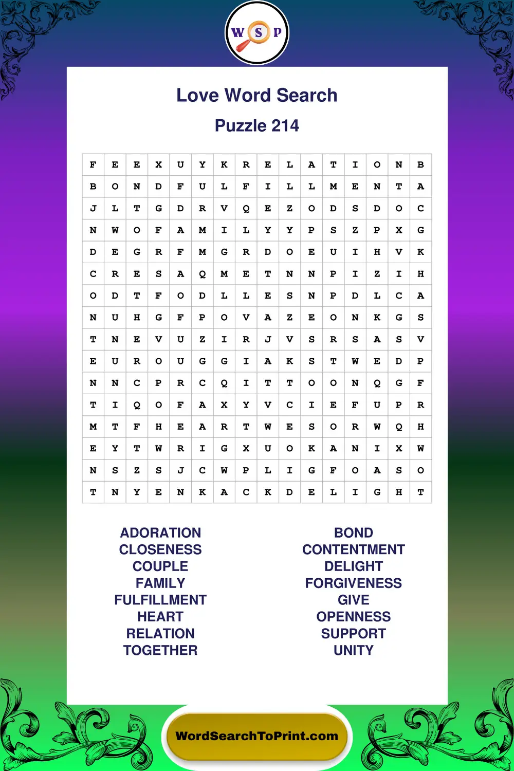 Love Word Search Puzzle 214