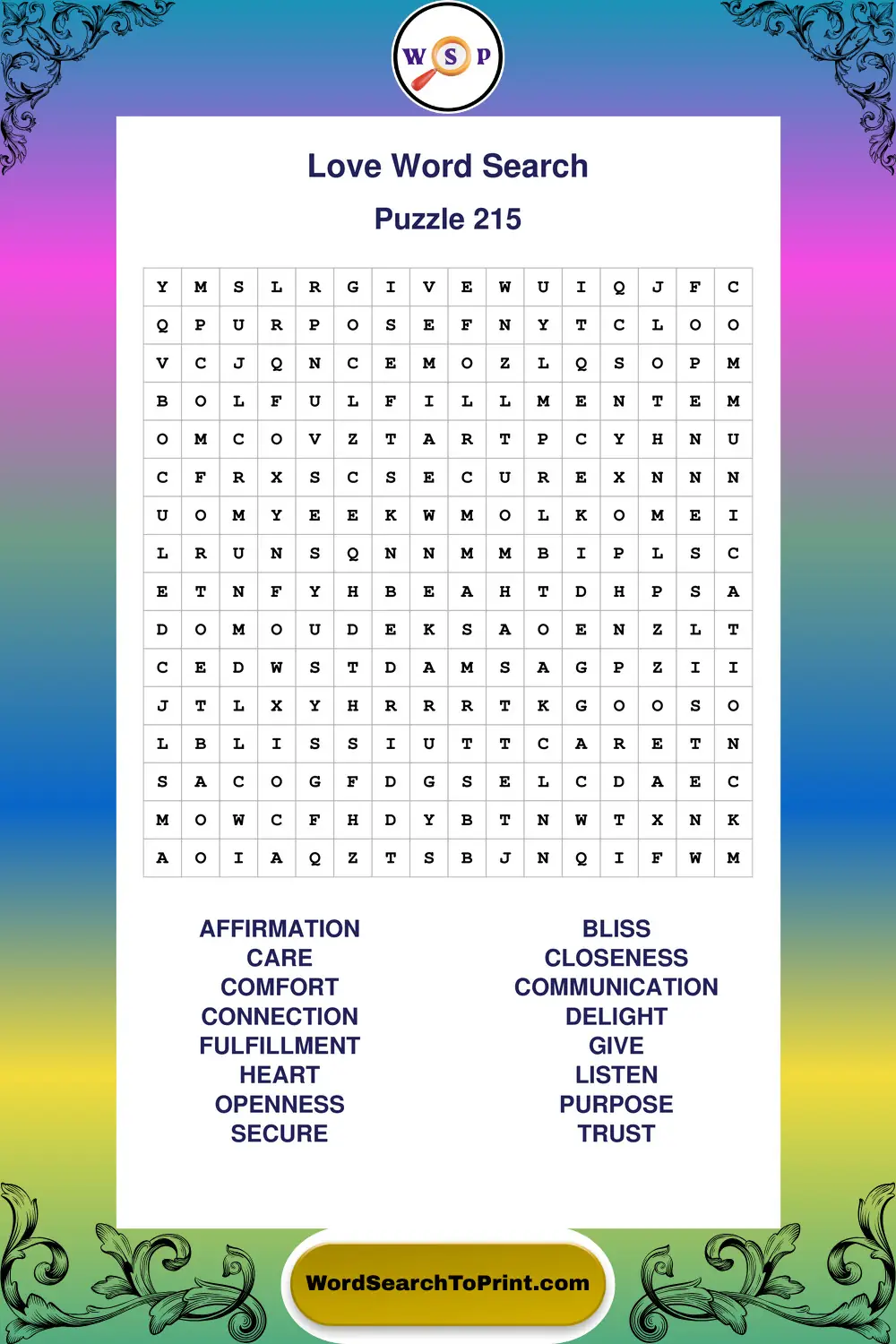 Love Word Search Puzzle 215