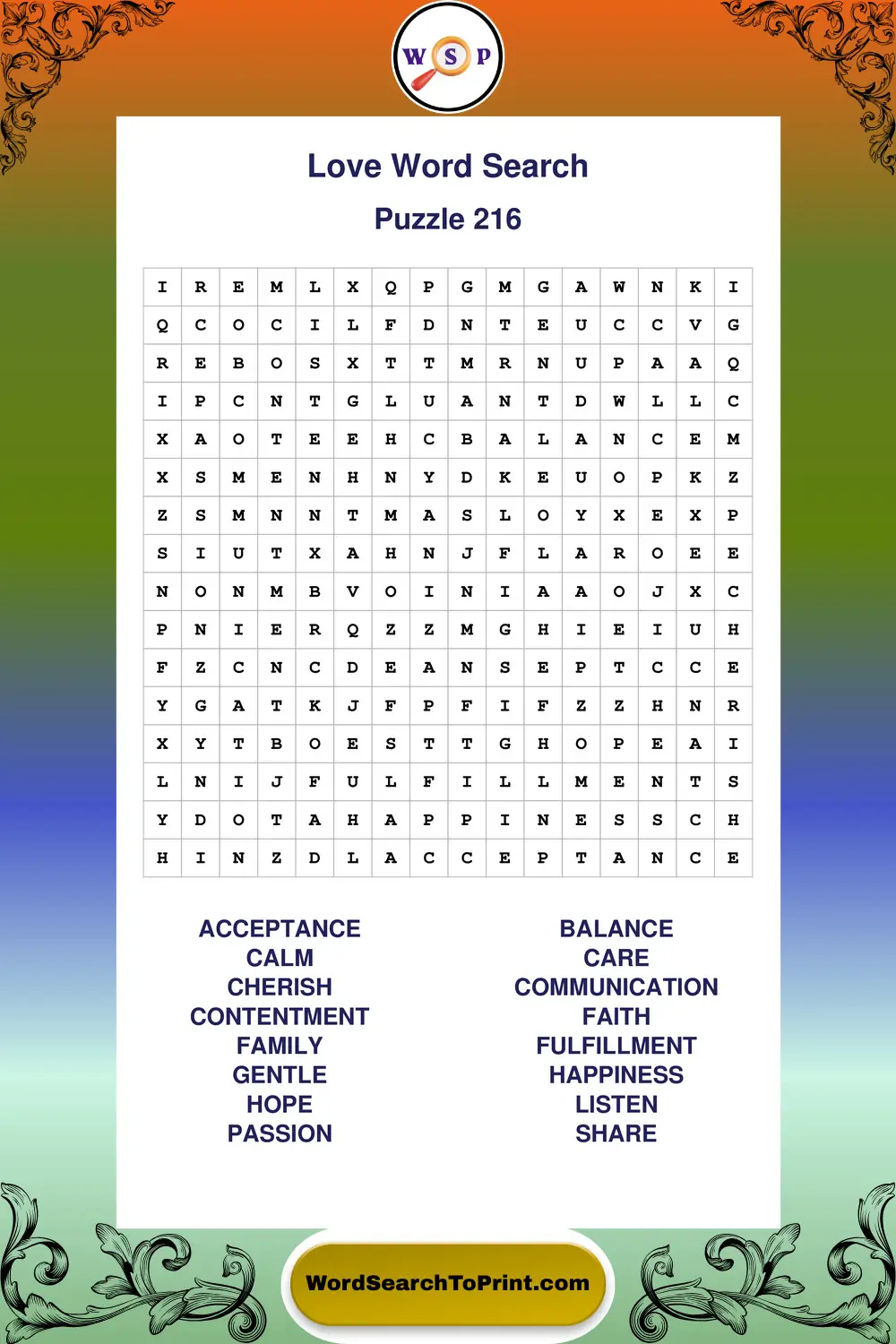 Love Word Search Puzzle 216