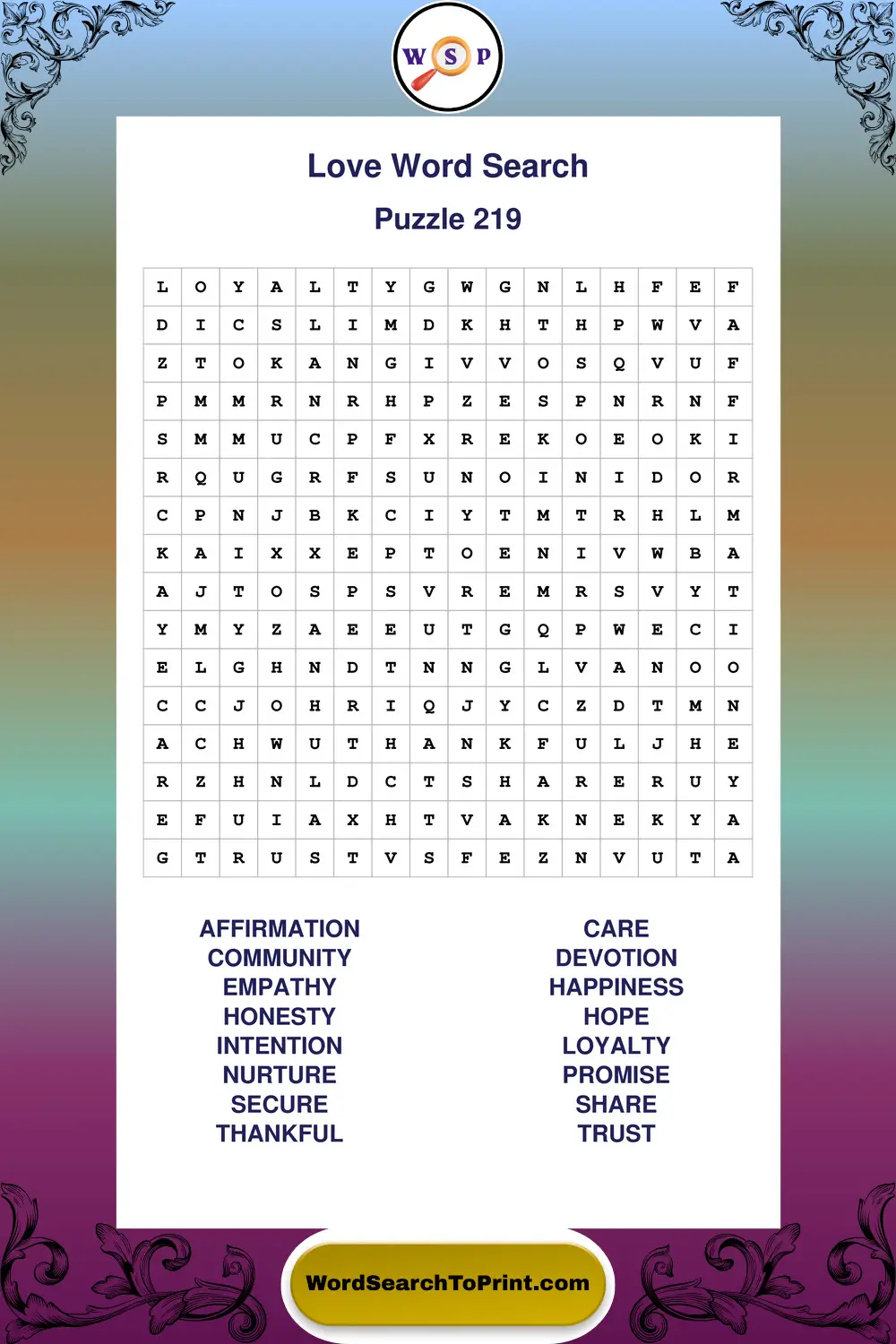 Love Word Search Puzzle 219