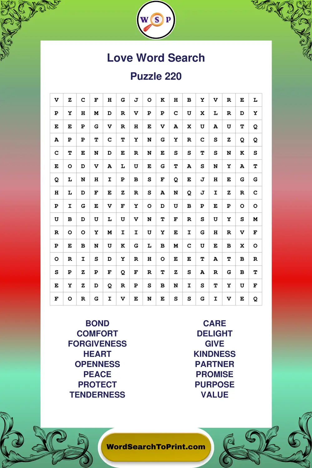 Love Word Search Puzzle 220