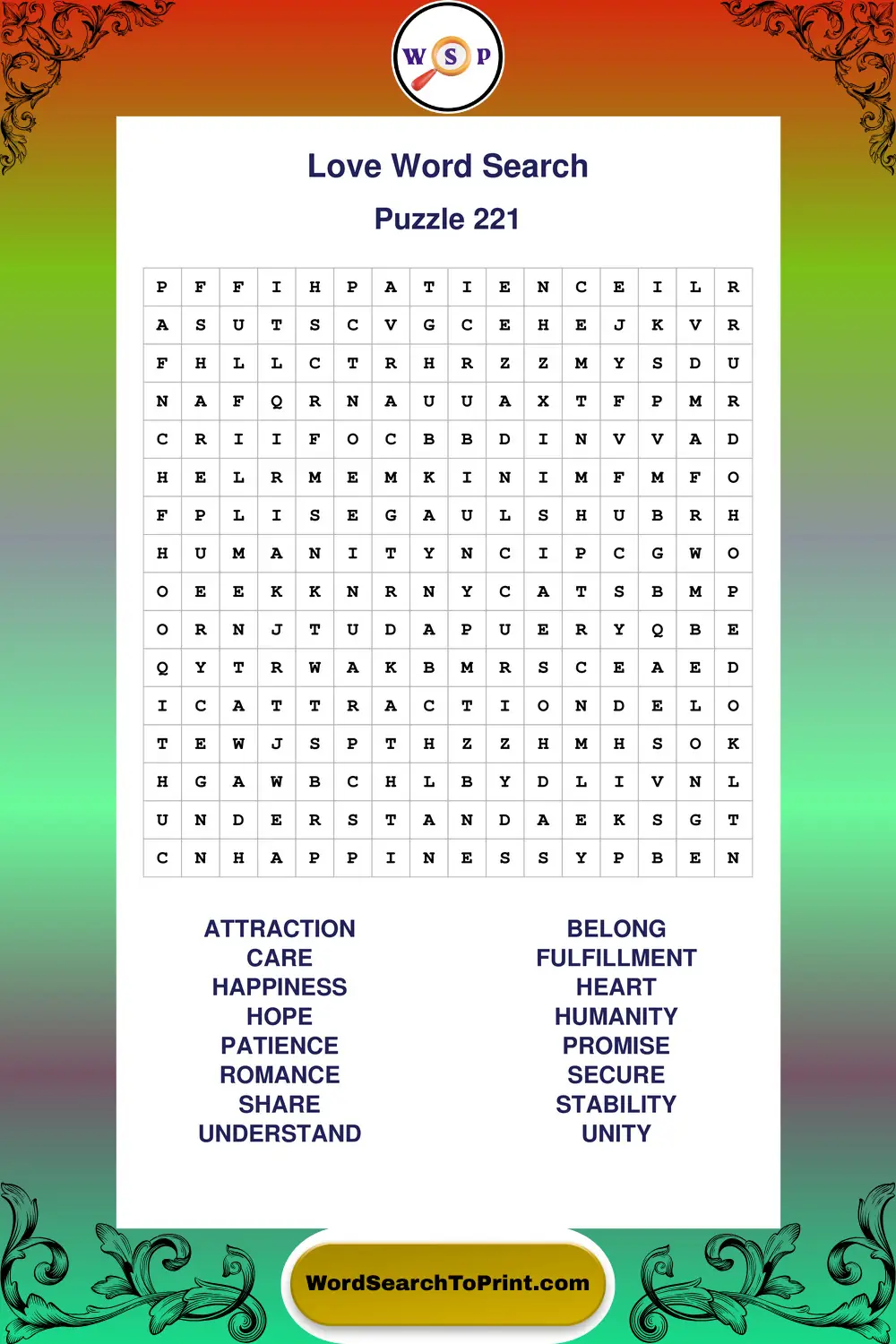 Love Word Search Puzzle 221