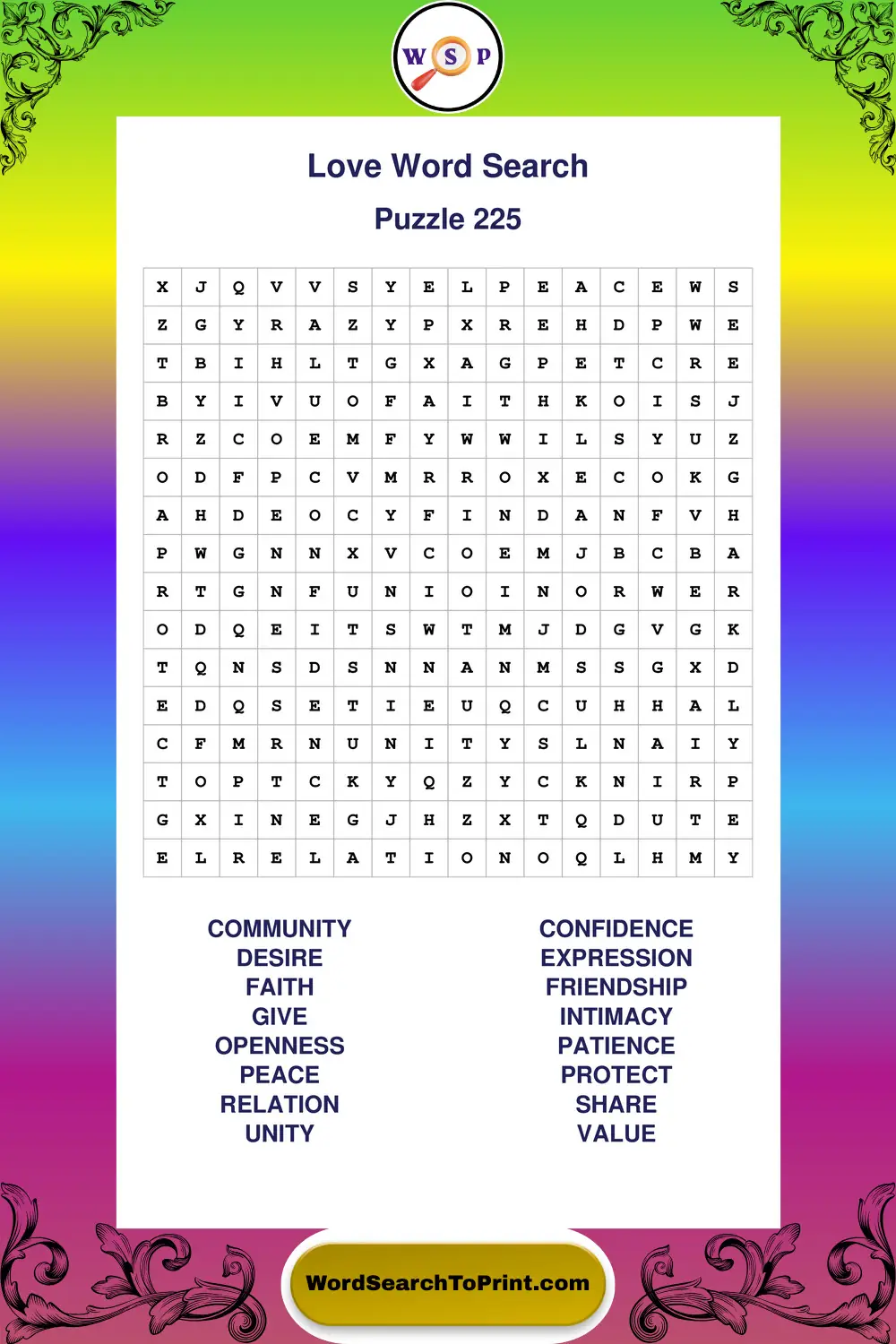 Love Word Search Puzzle 225