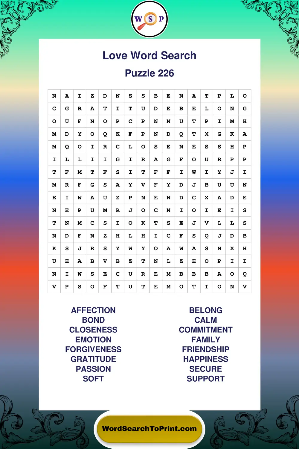 Love Word Search Puzzle 226