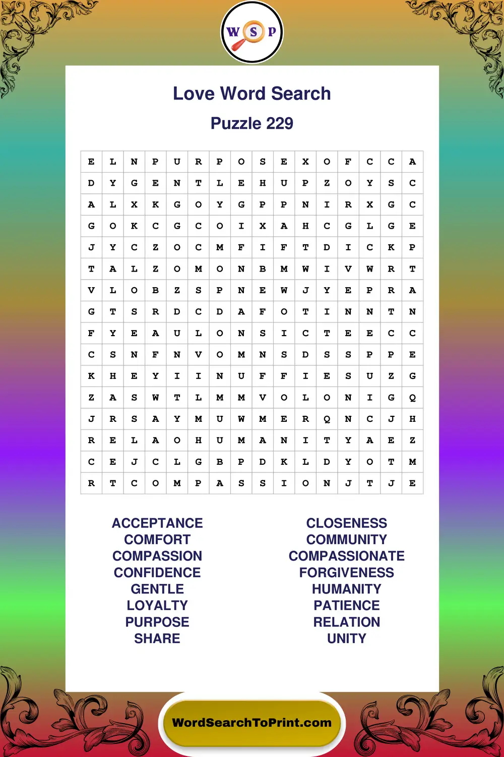 Love Word Search Puzzle 229