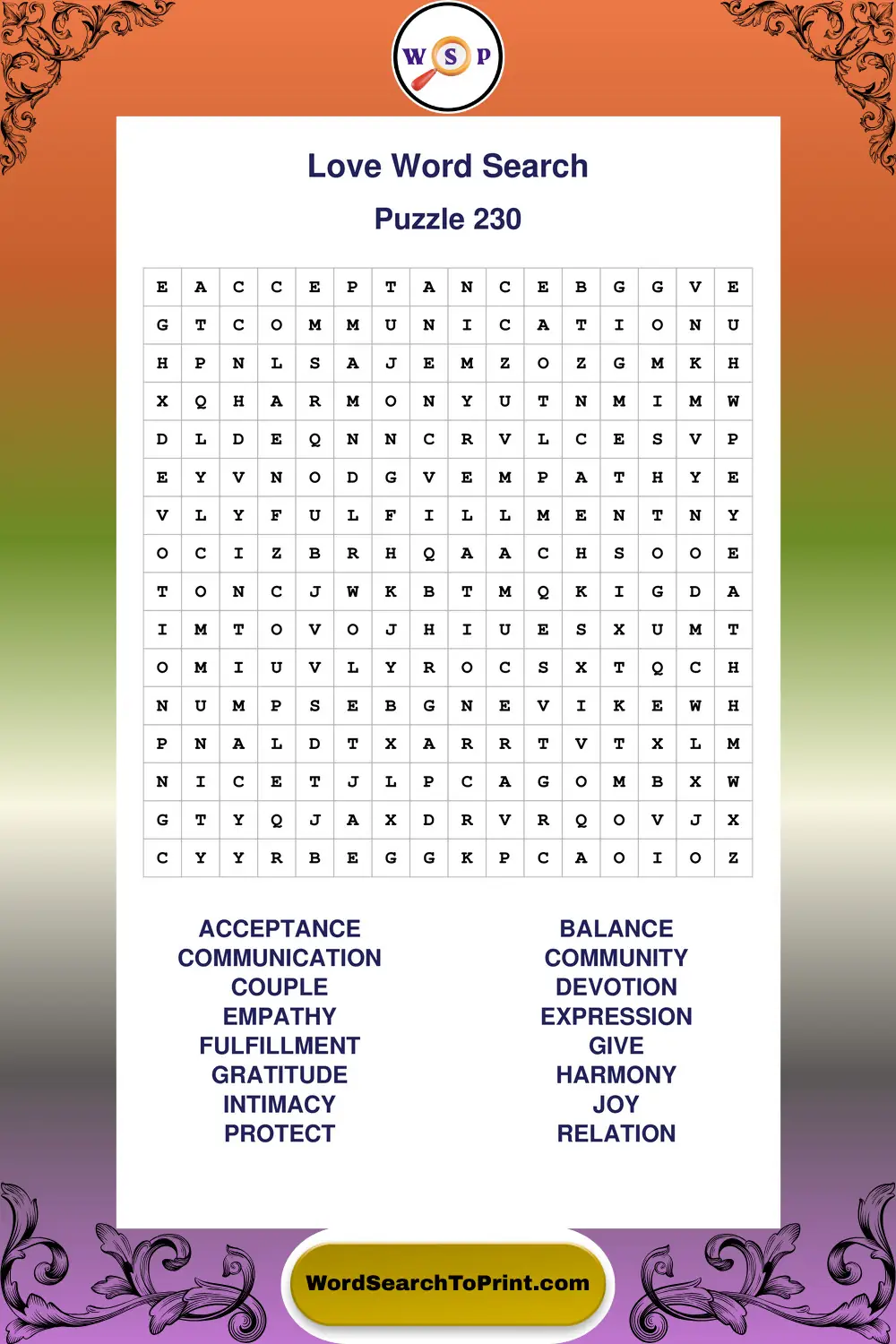 Love Word Search Puzzle 230