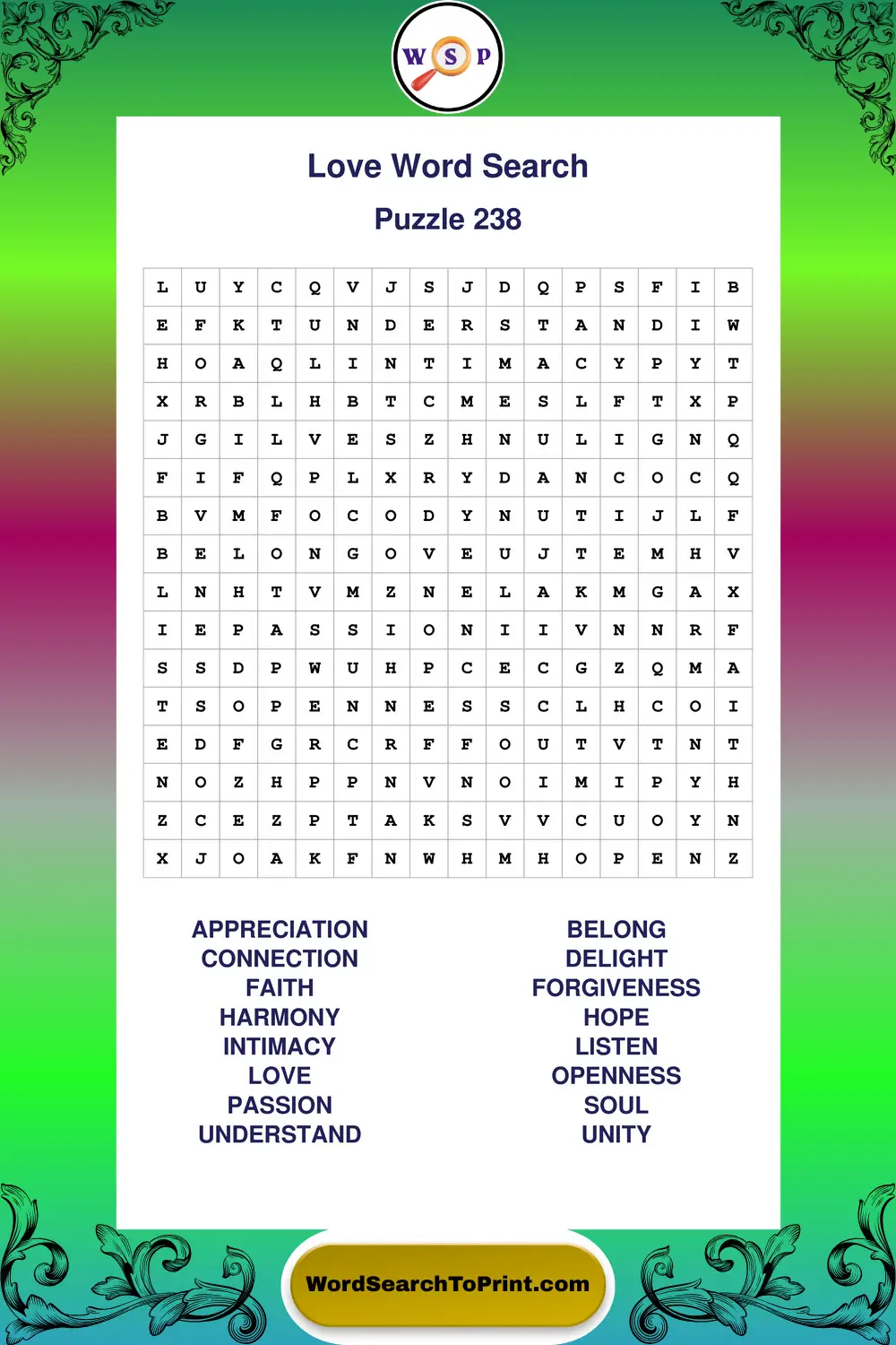 Love Word Search Puzzle 238