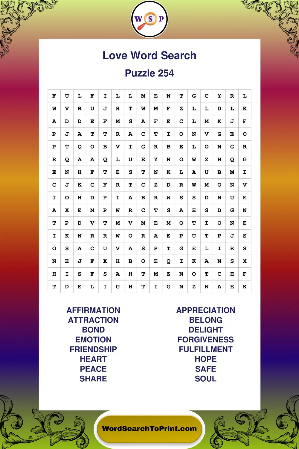 Love Word Search Puzzle 254