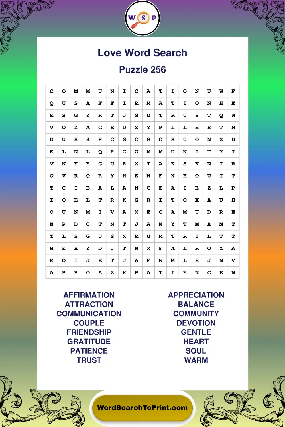 Love Word Search Puzzle 256