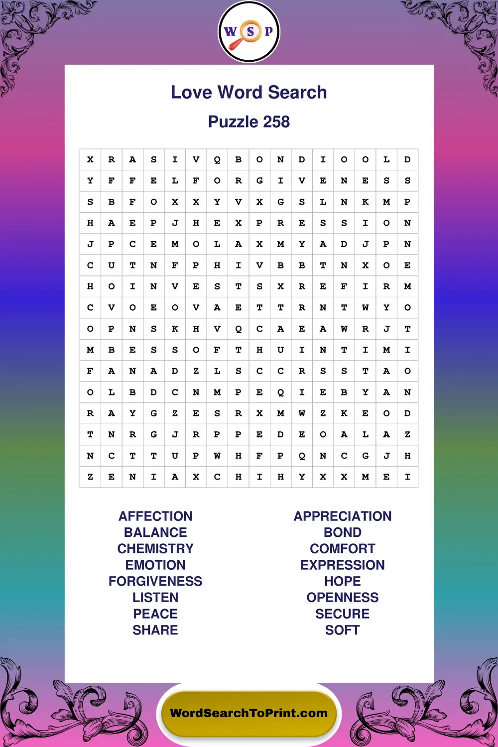 Love Word Search Puzzle 258