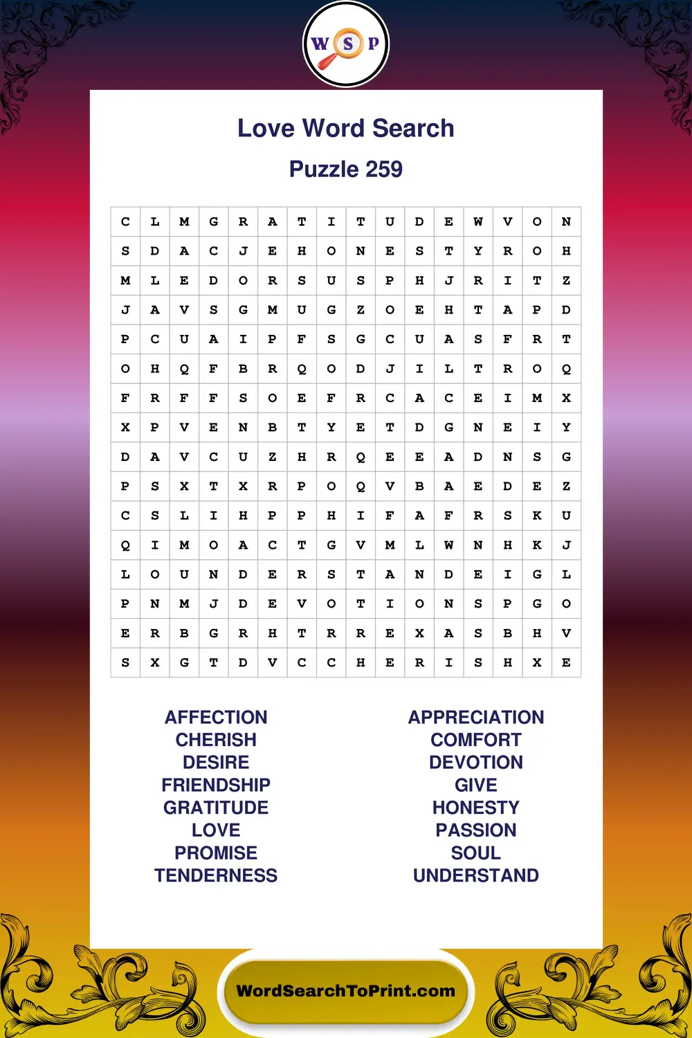 Love Word Search Puzzle 259