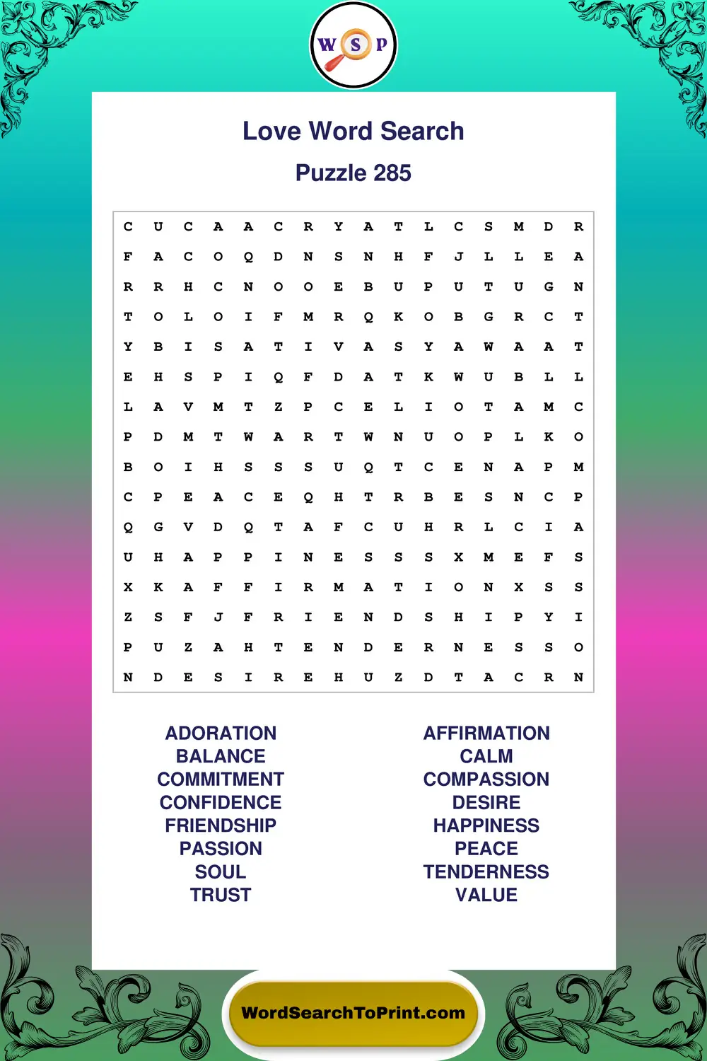 Love Word Search Puzzle 285