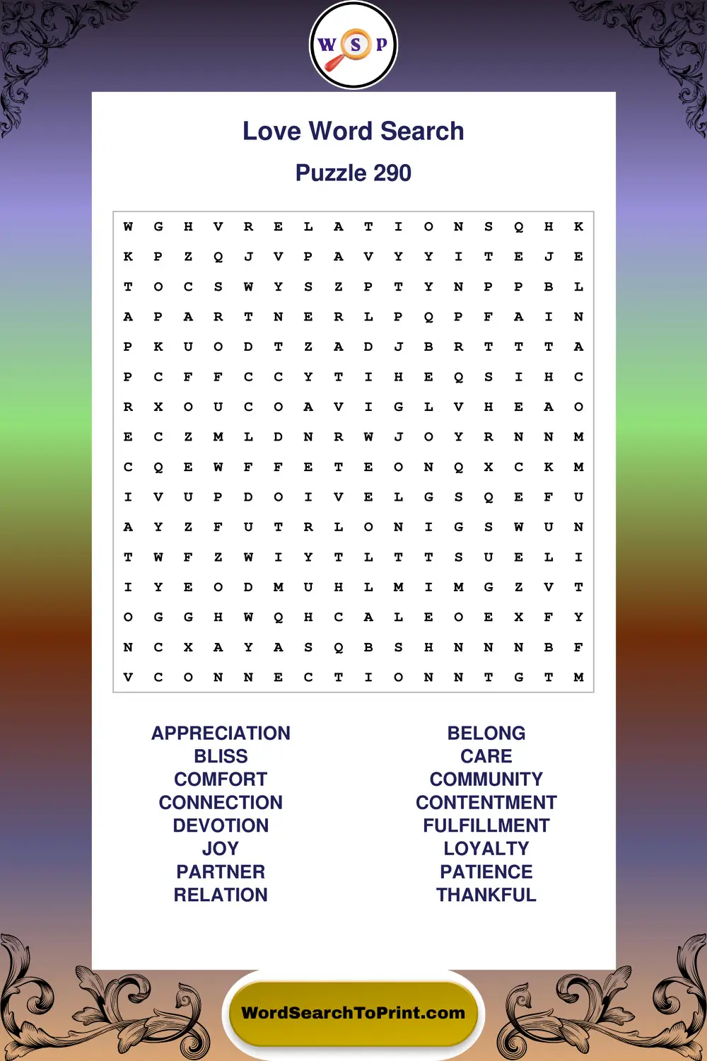 Love Word Search Puzzle 290