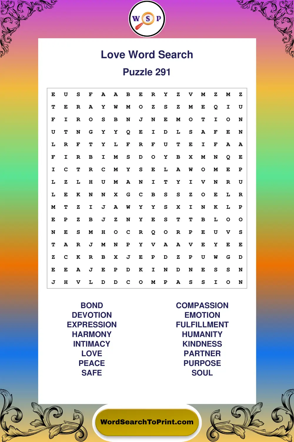 Love Word Search Puzzle 291