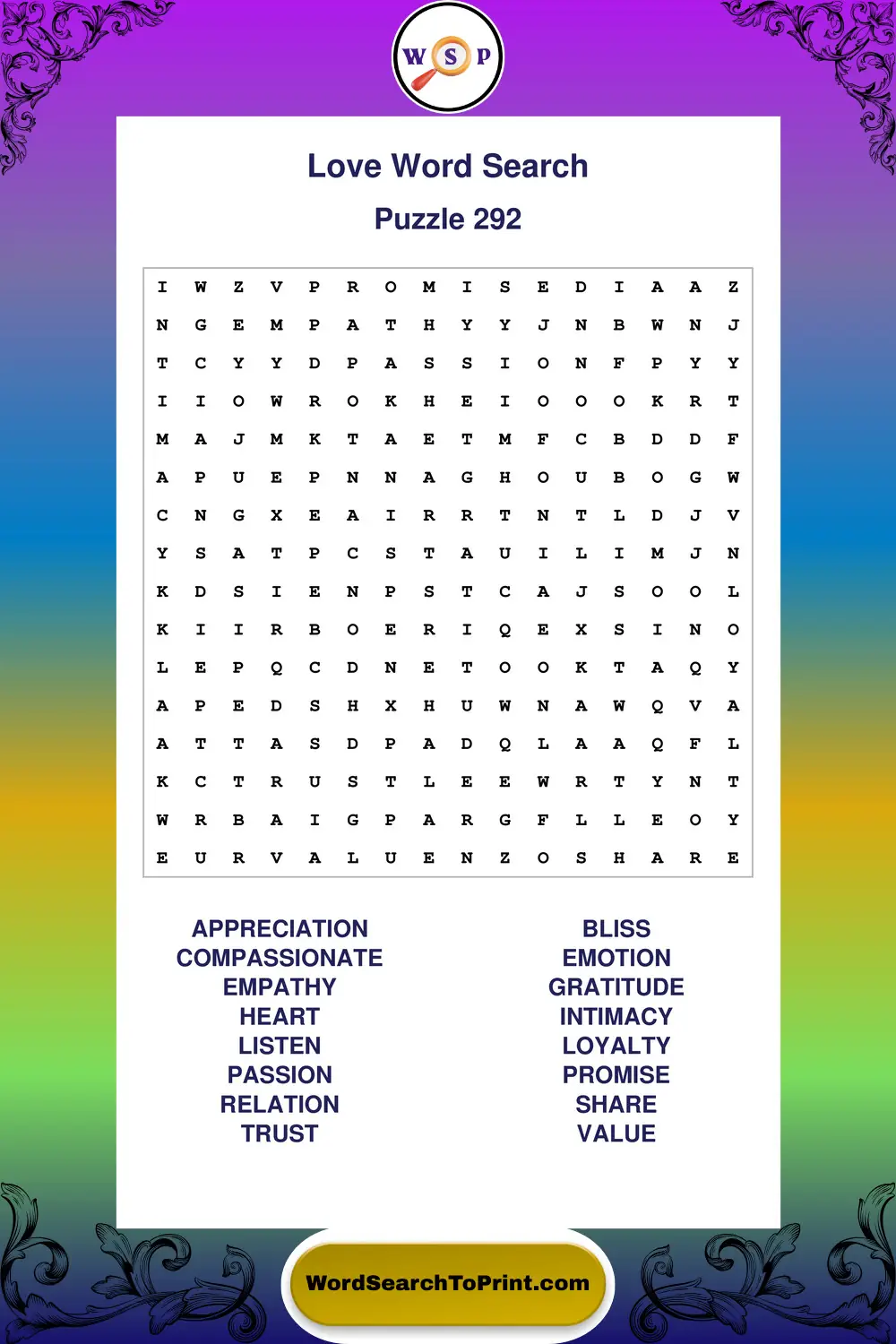 Love Word Search Puzzle 292