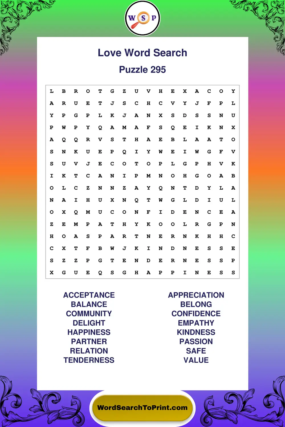 Love Word Search Puzzle 295