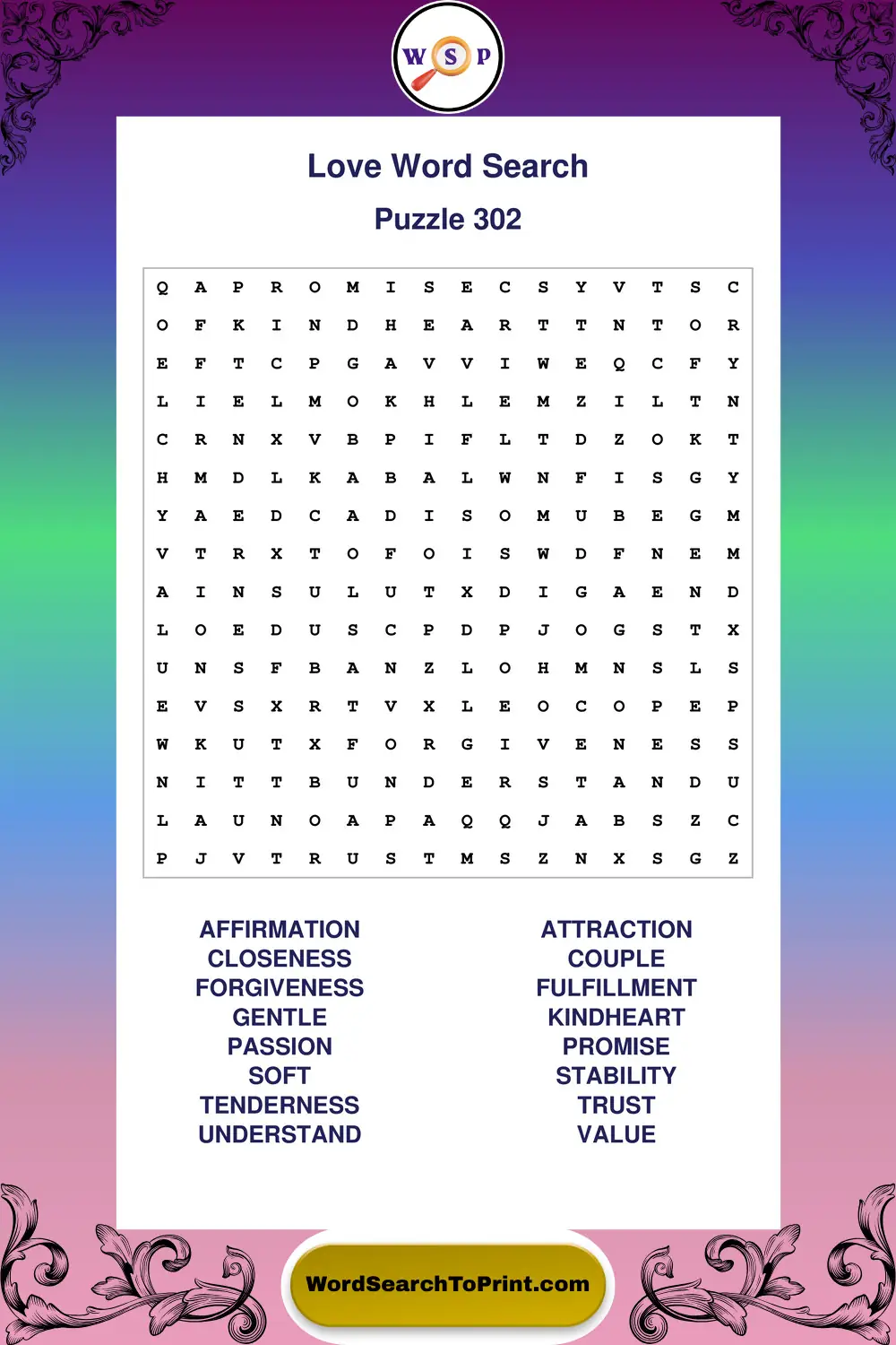 Love Word Search Puzzle 302