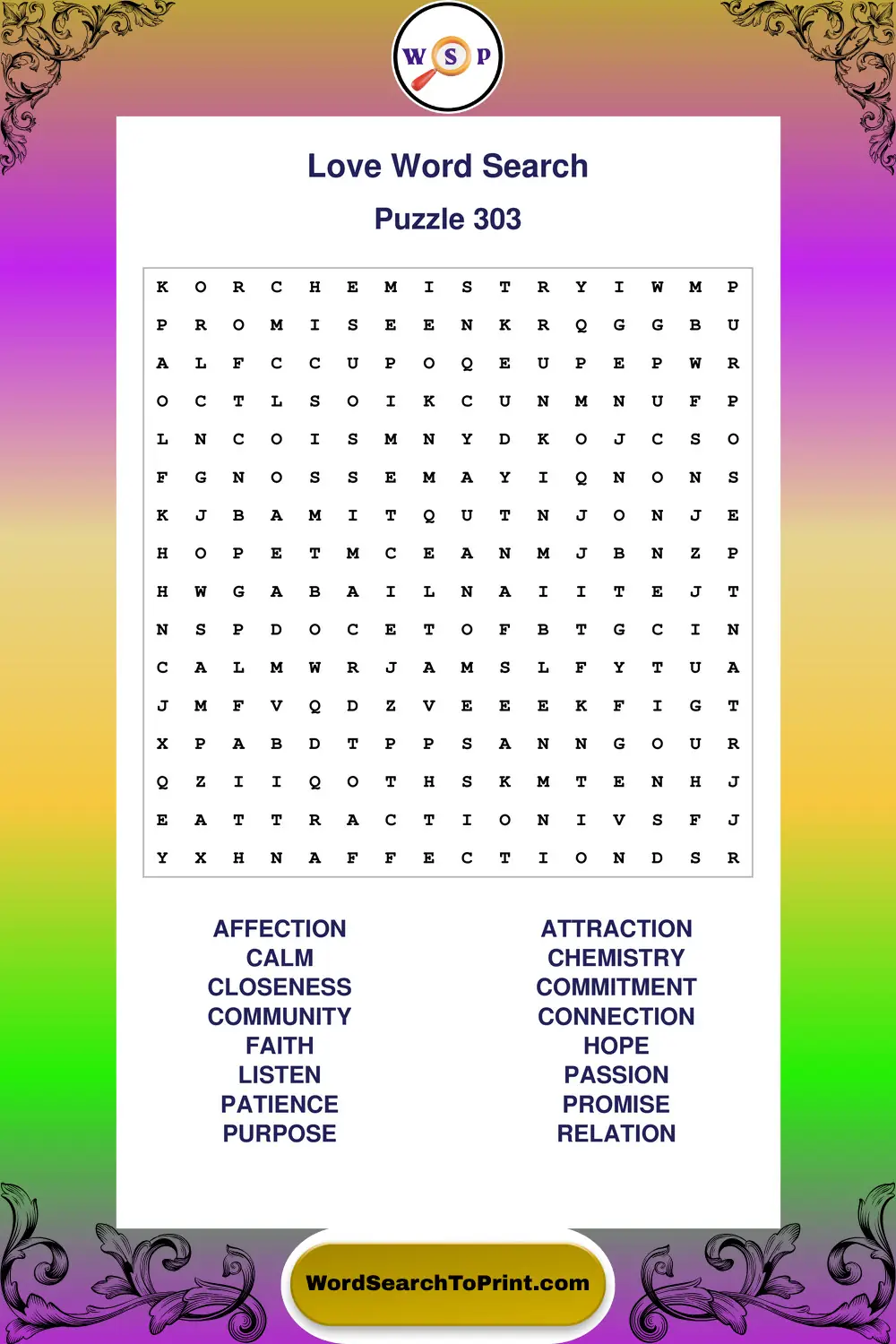 Love Word Search Puzzle 303