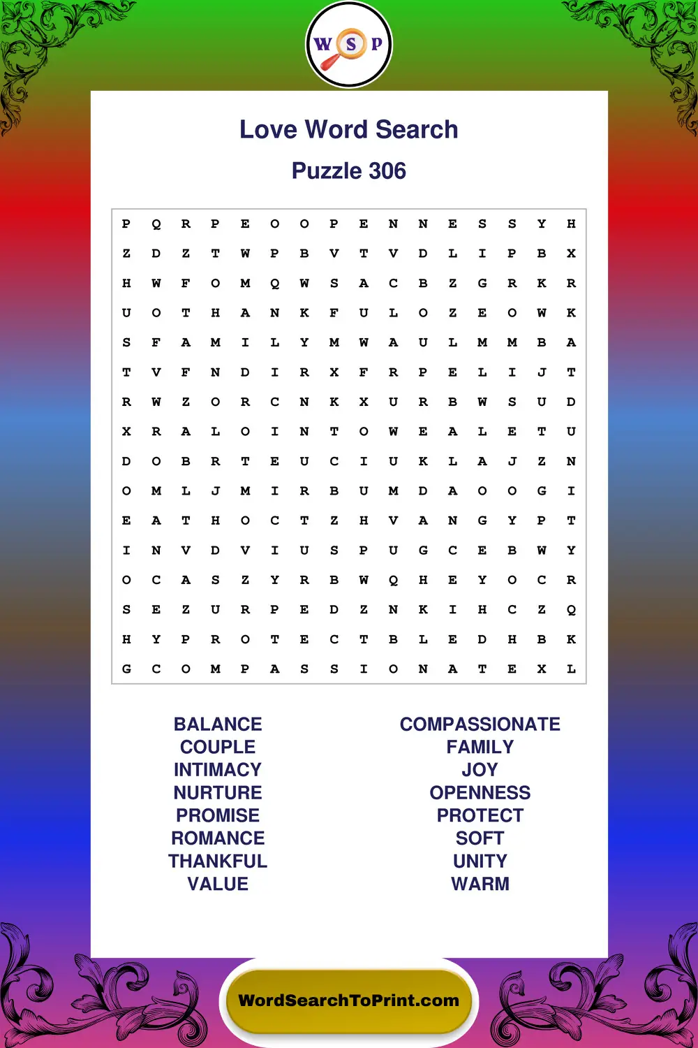 Love Word Search Puzzle 306
