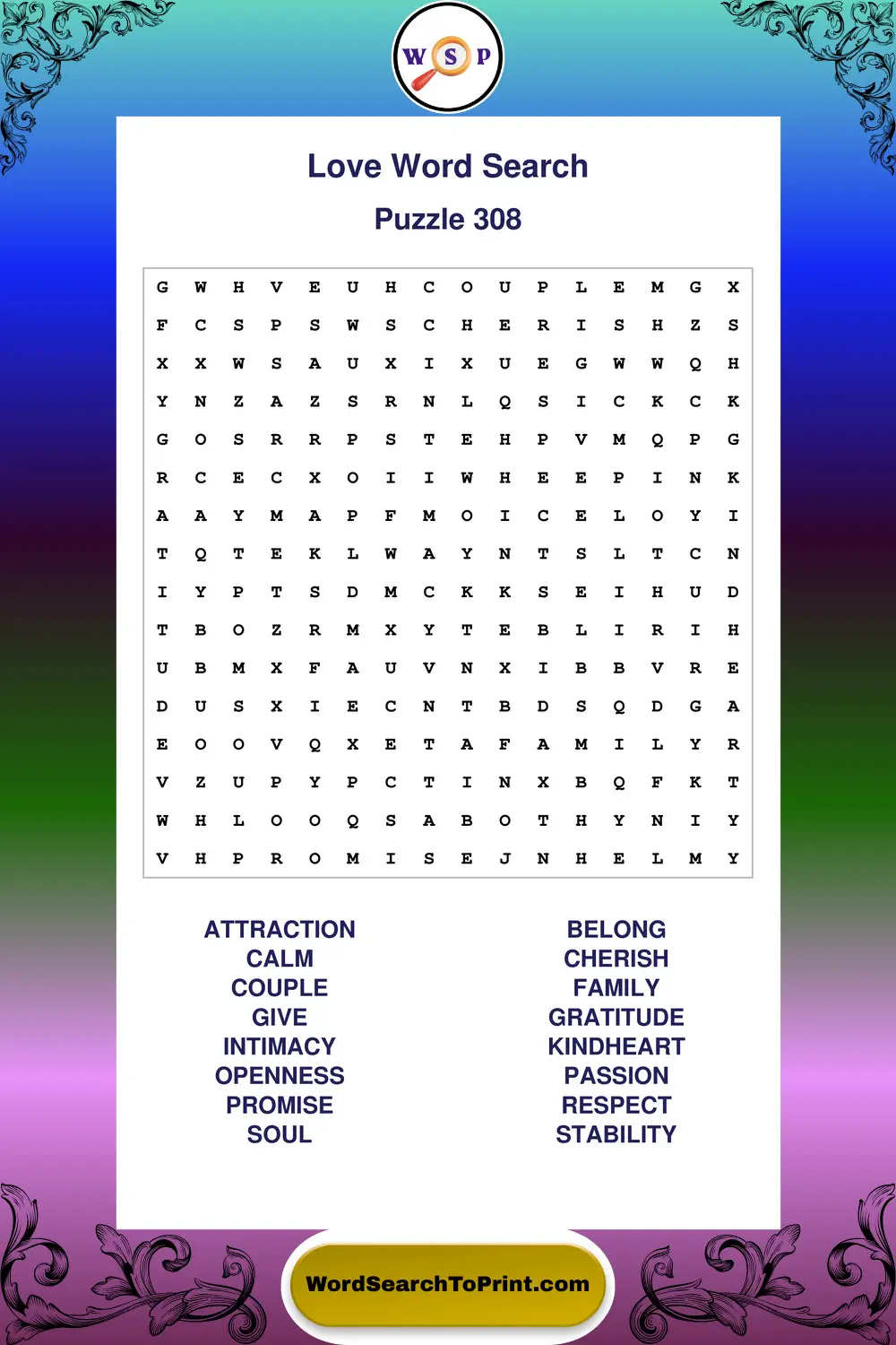 Love Word Search Puzzle 308