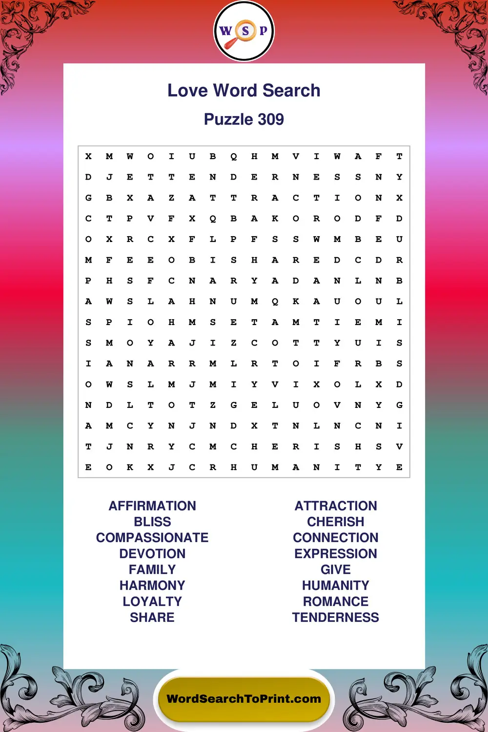 Love Word Search Puzzle 309