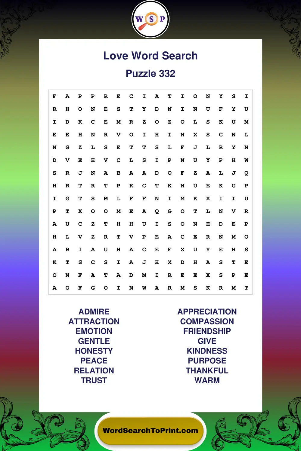 Love Word Search Puzzle 332