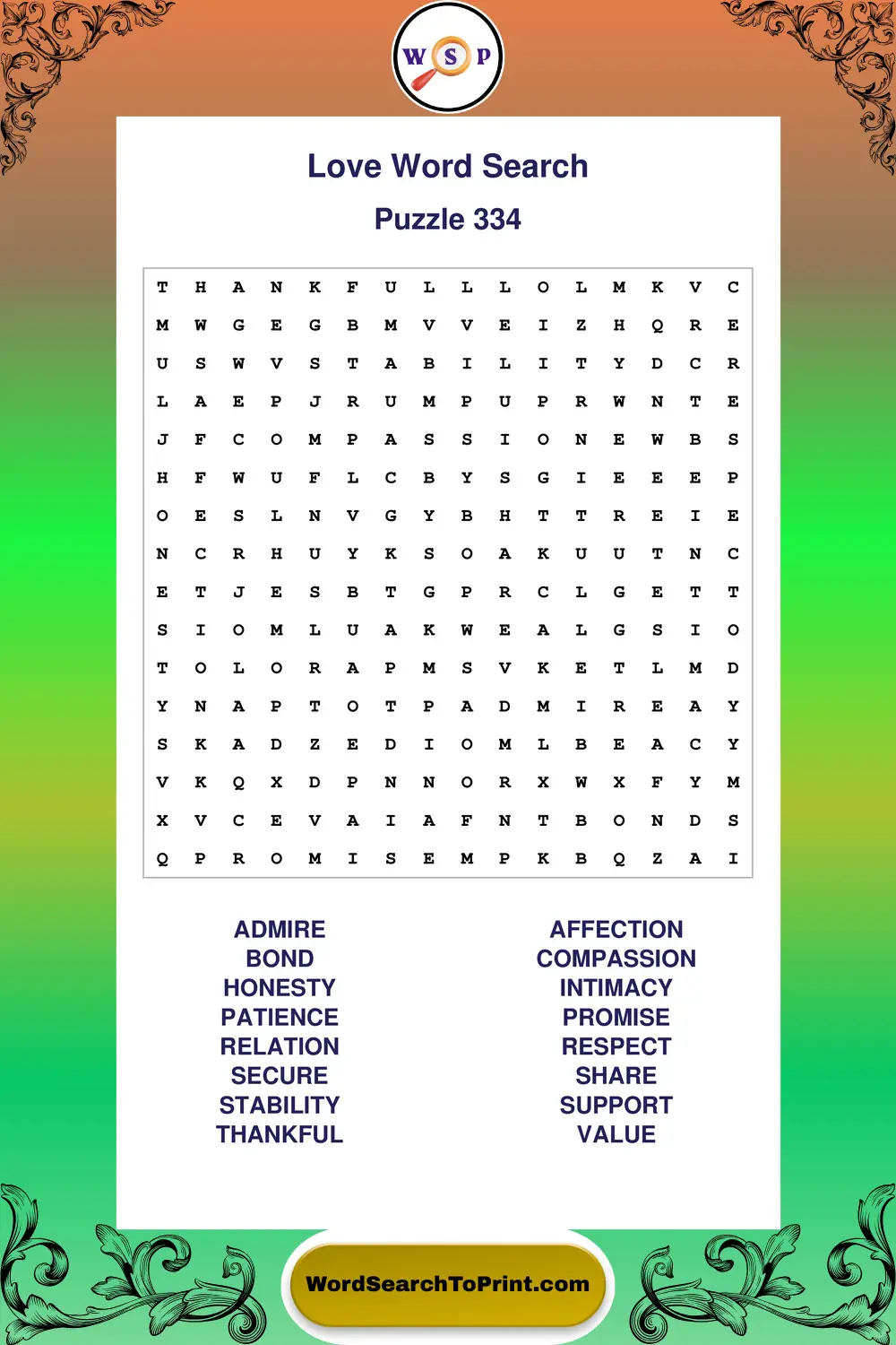 Love Word Search Puzzle 334