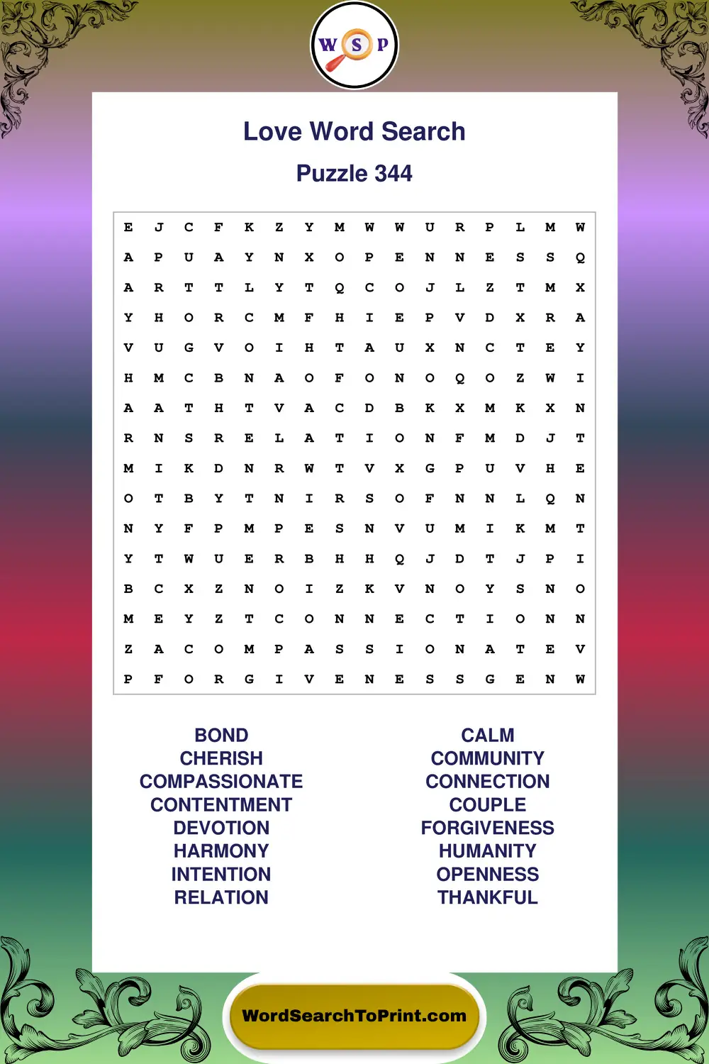 Love Word Search Puzzle 344