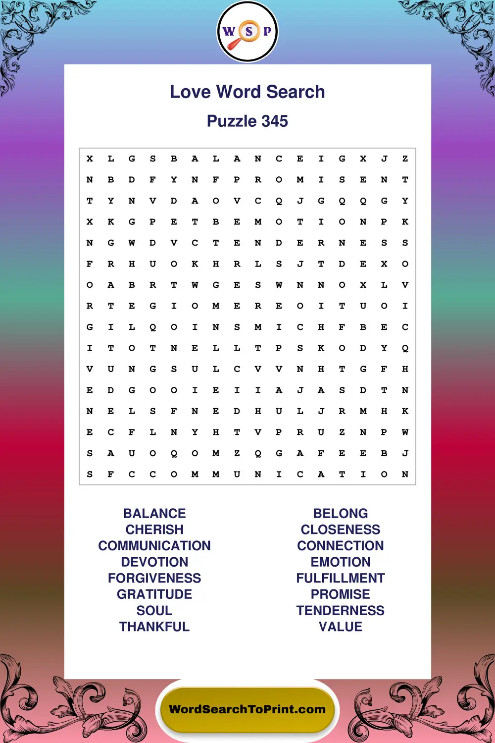 Love Word Search Puzzle 345