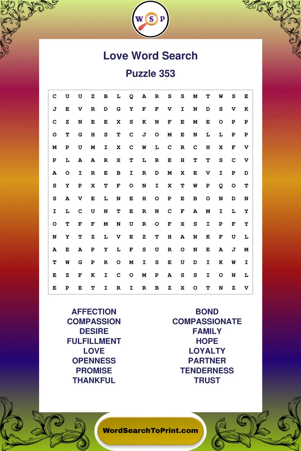 Love Word Search Puzzle 353