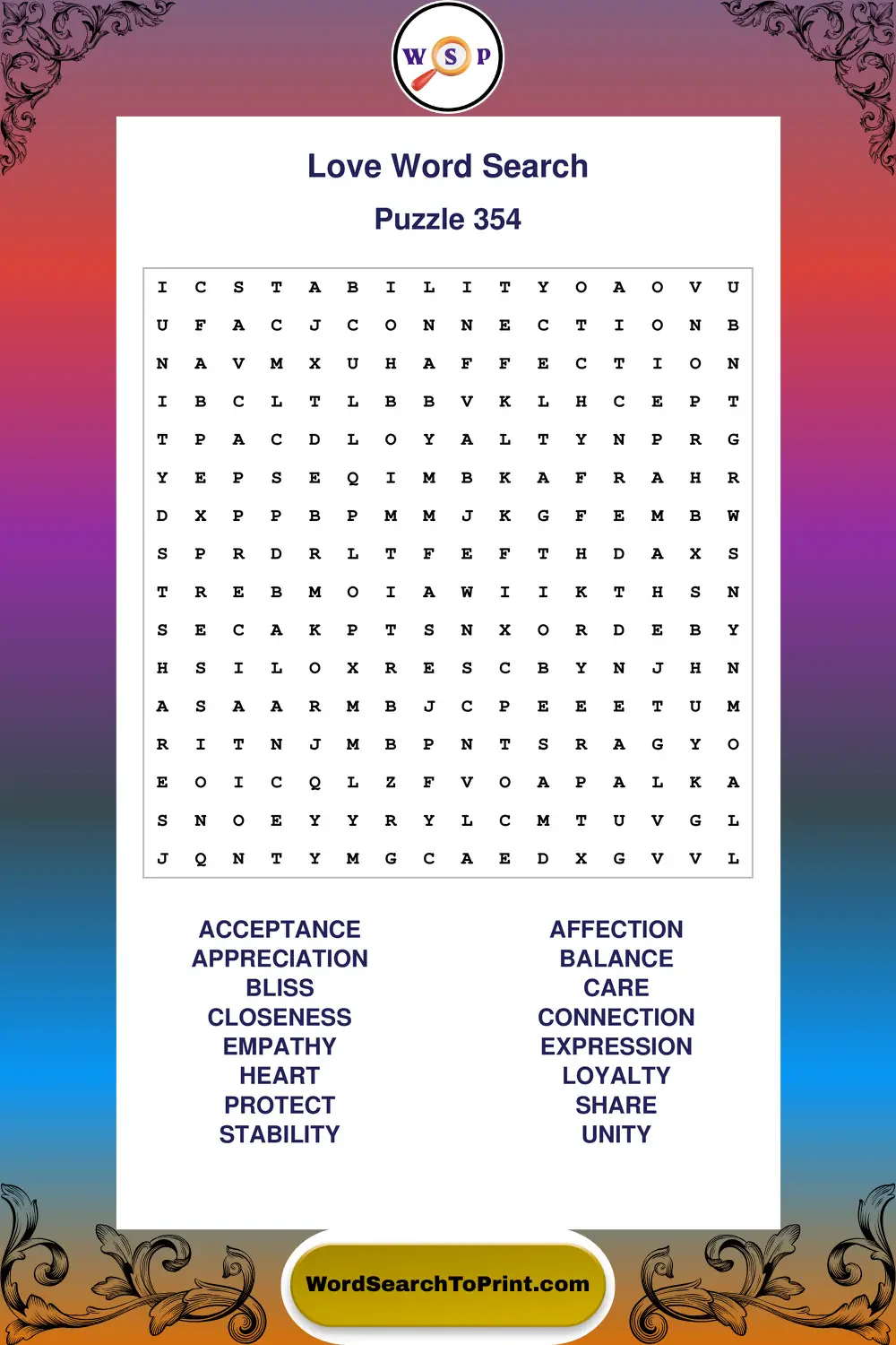 Love Word Search Puzzle 354