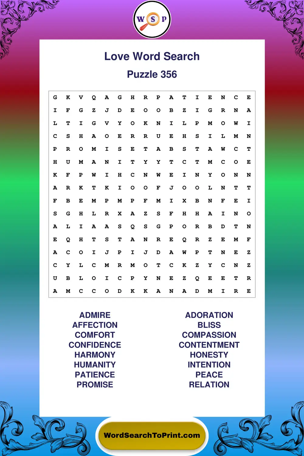 Love Word Search Puzzle 356