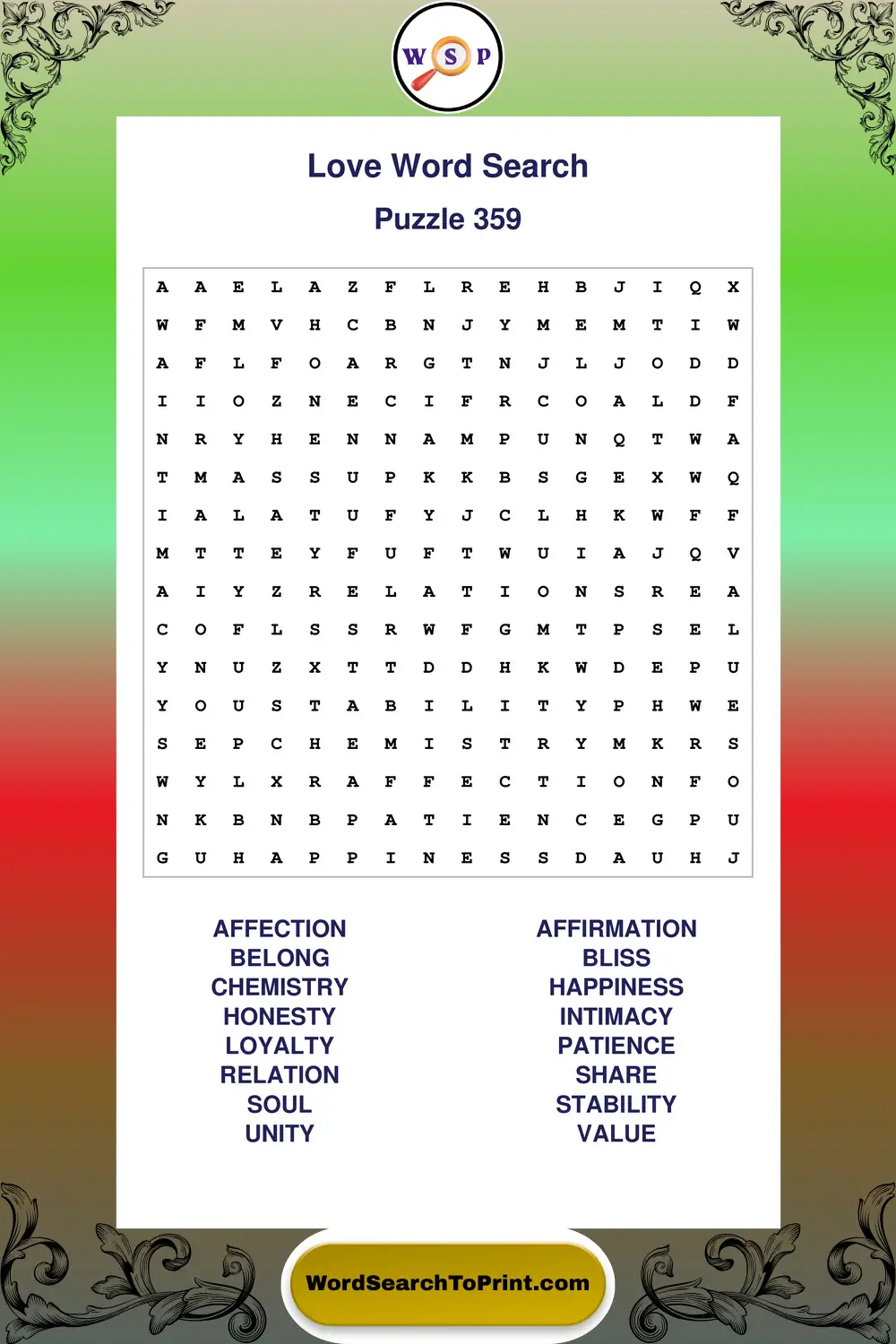Love Word Search Puzzle 359