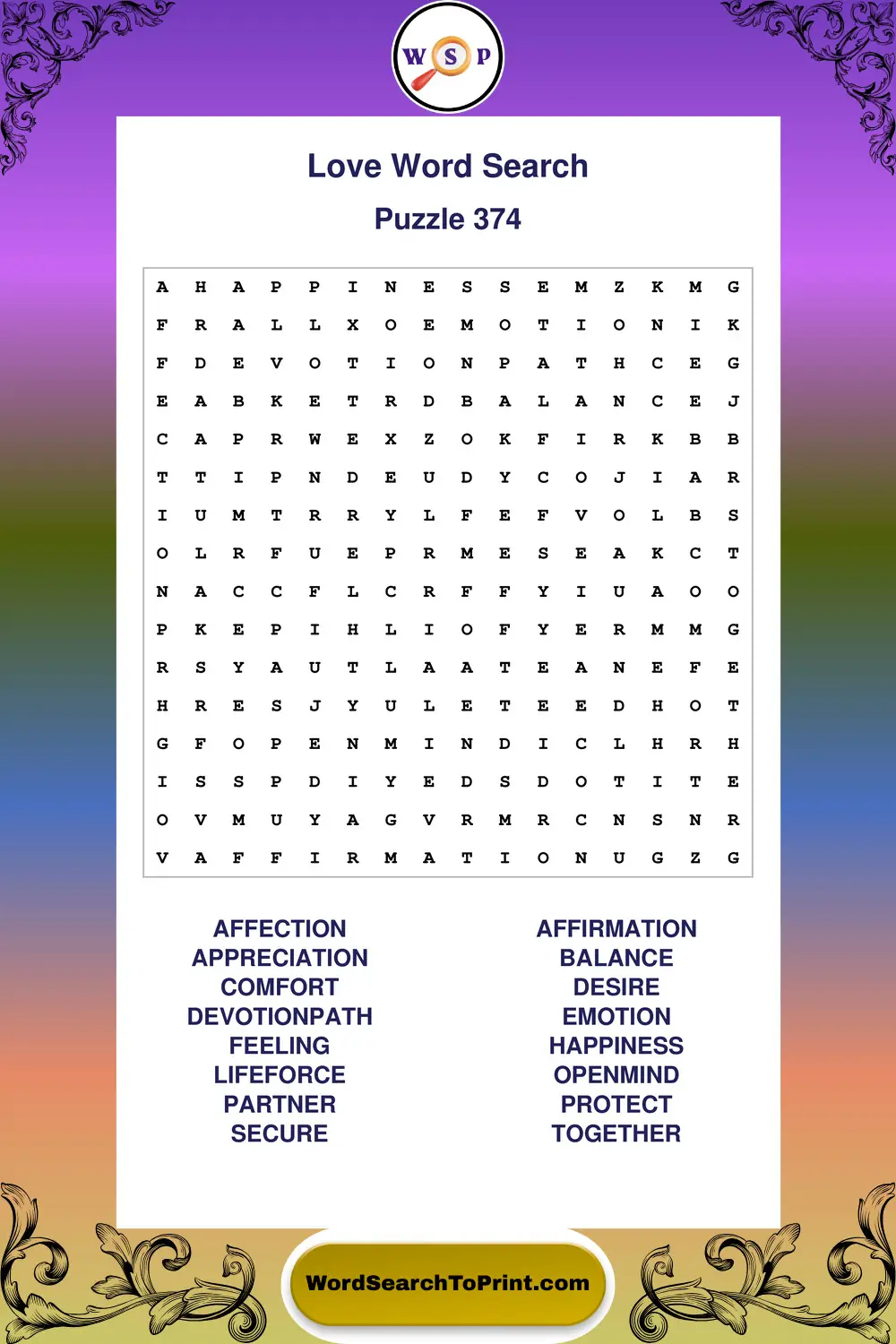 Love Word Search Puzzle 374