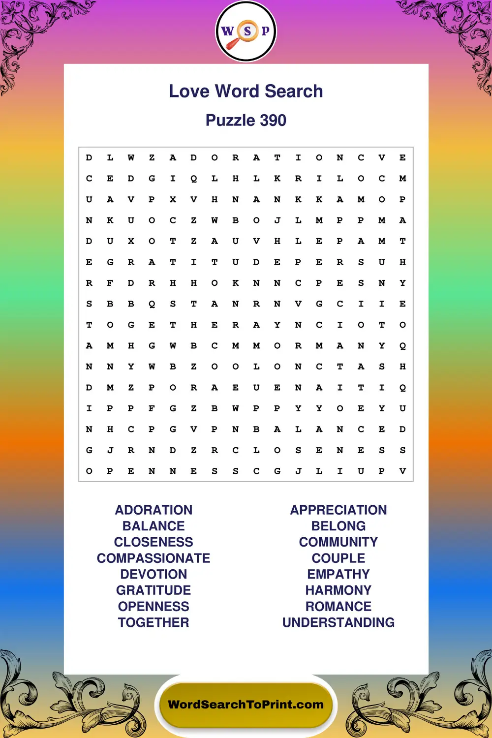 Love Word Search Puzzle 390