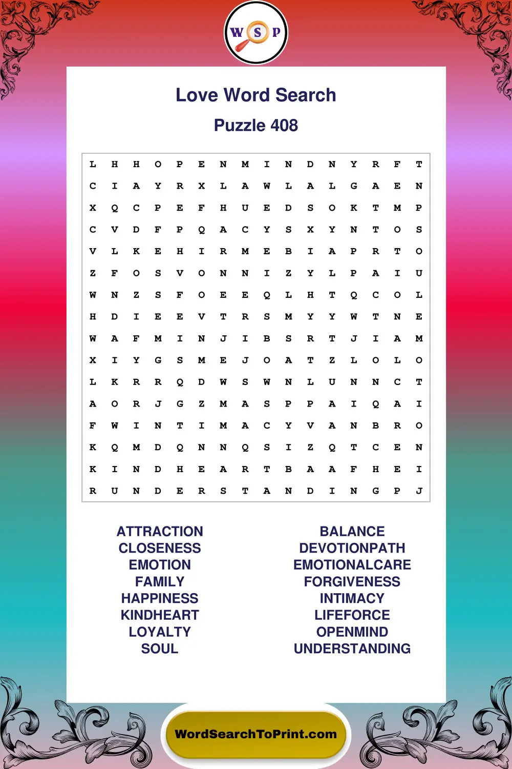 Love Word Search Puzzle 408