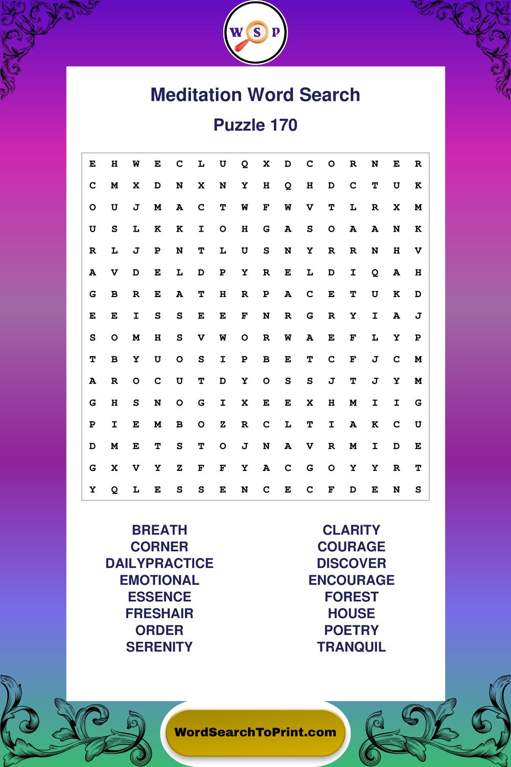 Meditation Word Search Puzzle 170