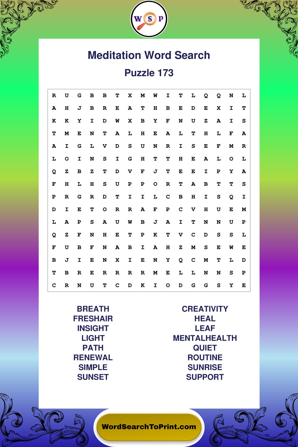 Meditation Word Search Puzzle 173