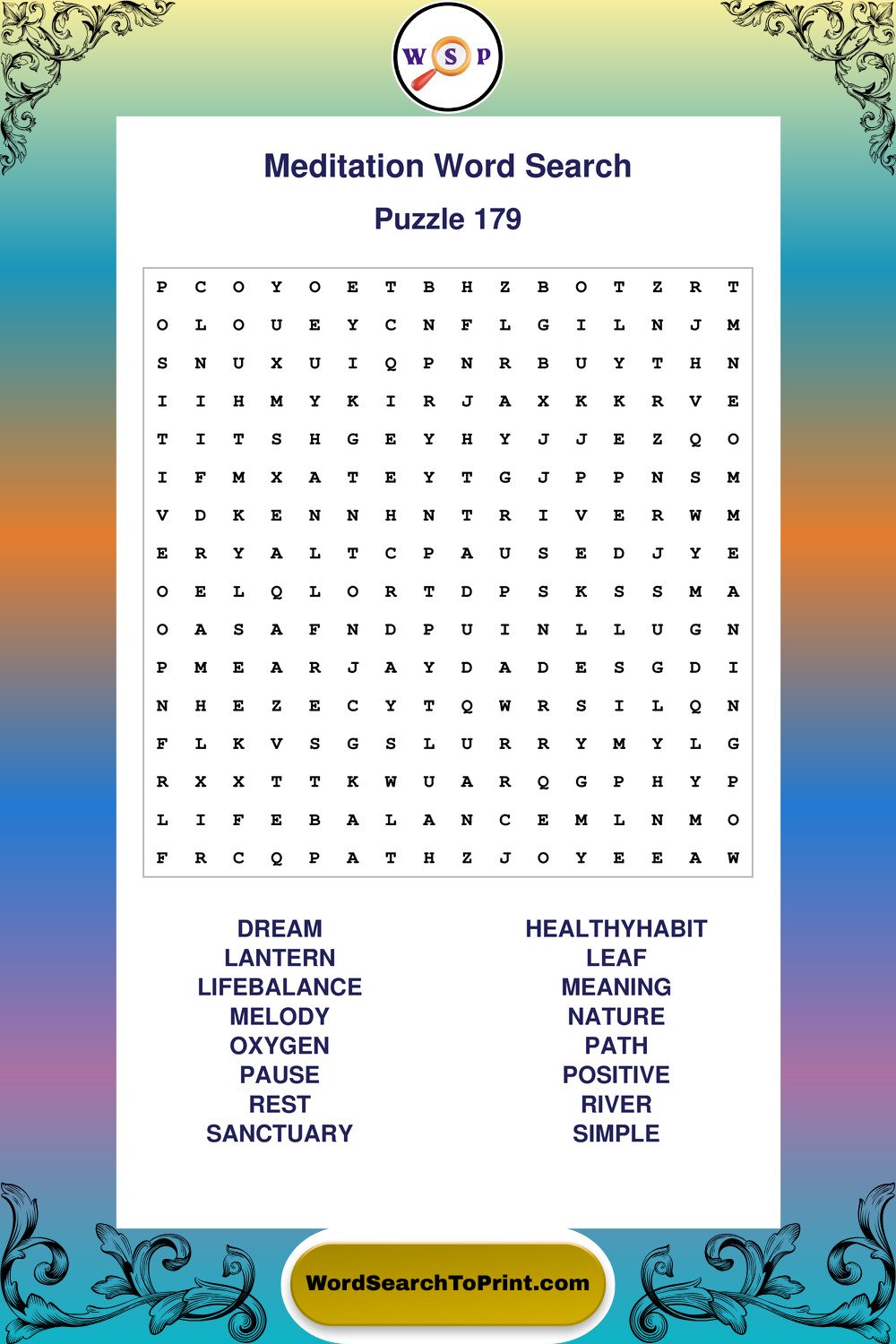 Meditation Word Search Puzzle 179